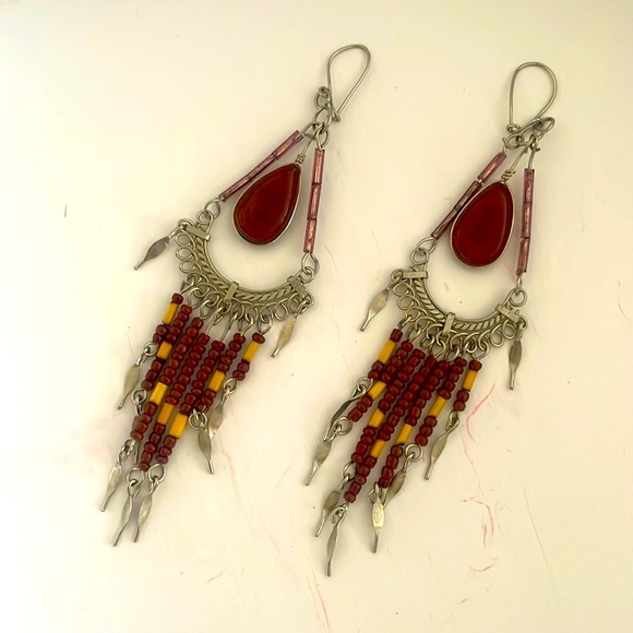 Dangle Earrings - Boho Vintage Silver Tone w/Brown Stone & Beads - 4" - Picture 3 of 7